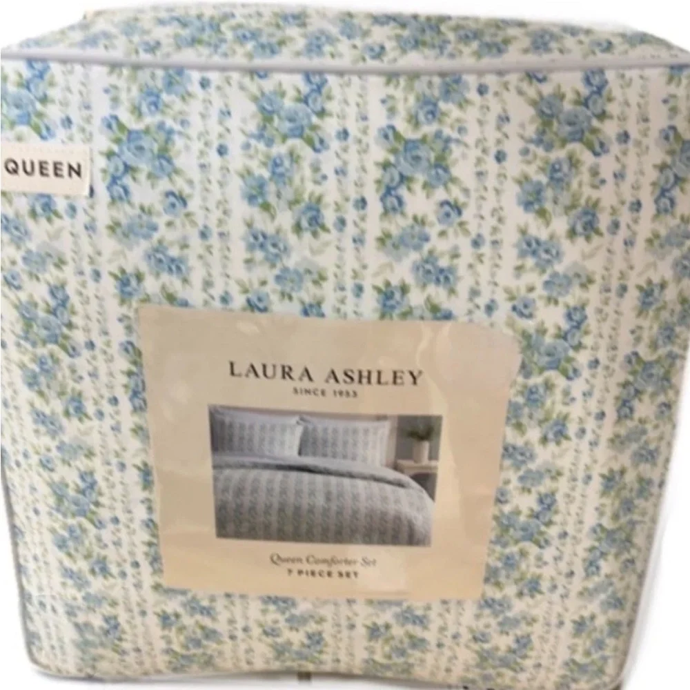 Laura Ashley Floral Blue, Green and White 7 Piece Queen Comforter Set 96”x92”